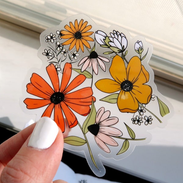 Mixed Florals Transparent Vinyl Sticker 3” - Waterproof Sticker - Floral Decal - Laptop Decal - Phone Case Sticker, Flowers