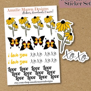 Ensemble d'autocollants DAISY LOVE - Just For Fun Scrapbook Craft Stickers - Autocollants floraux, Autocollants papillon, Amour, Autocollants XOXO Journal
