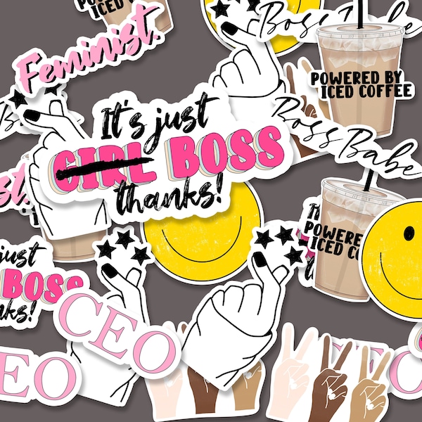 Boss Babe Sticker Pack - Small Sticker Set of 8 - WATERPROOF STICKERS - Smiley Face, Iced Coffee Lover, Girl Boss, Feminist, Vinyl Decals