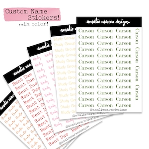 Adesivos com nome personalizado em cores - Conjunto de adesivos para planejador e diário - Estilo de roteiro manuscrito, estilo de máquina de escrever, folha de adesivos personalizada