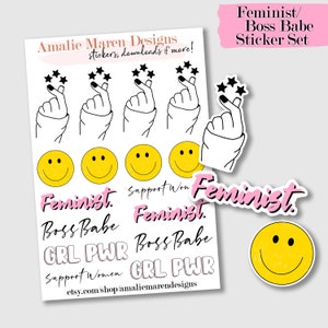 ENSEMBLE D’autocollants FEMINIST Boss Babe - Autocollants Scrapbook Craft - Autocollants de soutien pour femmes, mains sorcières, emoji smiley, girl power, autocollants de patron
