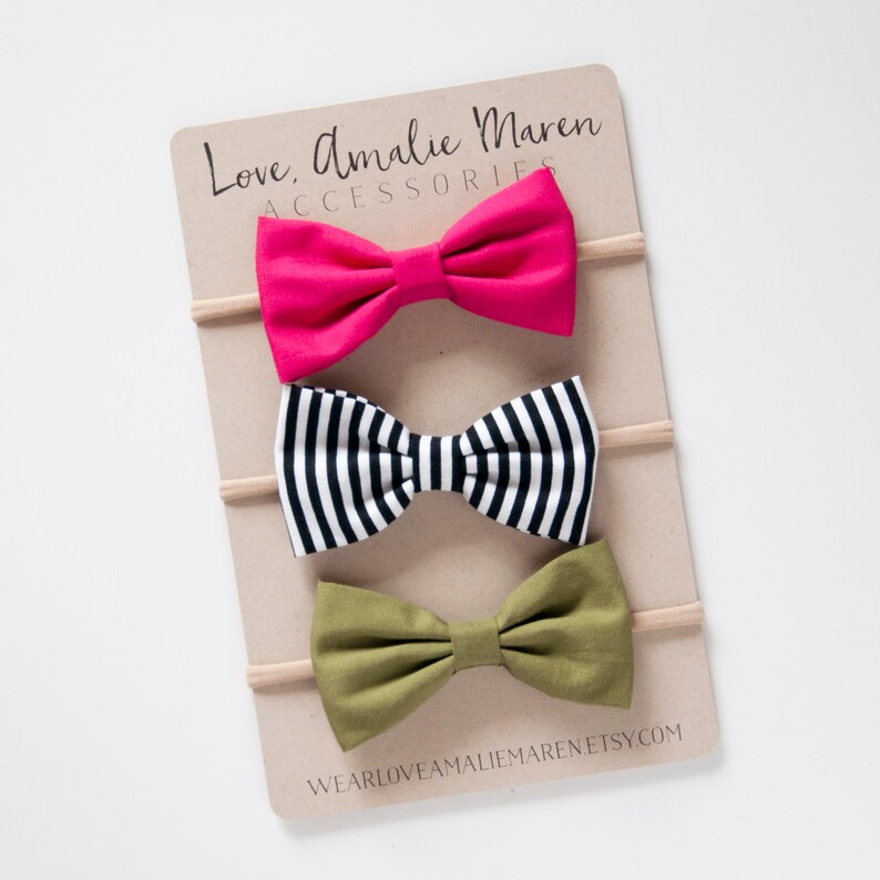 Pink Headbands Fabric Bow Headbands Black and White Stripe Baby Girl Headbands Set of Three Nylon Elastic or Alligator Clip