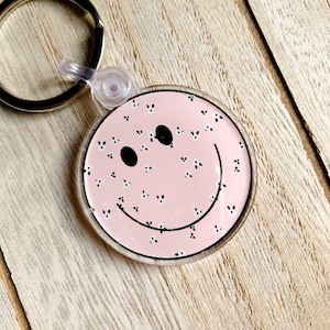 Floral Smiley Face Keychain 1.5” x 1.5” - Cute Pink Acrylic Keychain - Split Ring Keychain