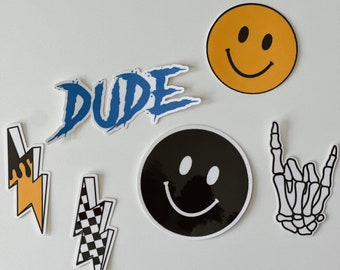 Little Dude Sticker Pack - Sticker set of 6 - WATERPROOF STICKERS - Stickers for Boys - Lightening Bolt, Smileys, Rock On, Skeleton