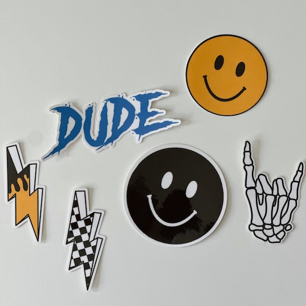 Pacote de Adesivos Little Dude - Conjunto de 6 adesivos - ADESIVOS À PROVA D'ÁGUA - Adesivos para Meninos - Raio, Smileys, Rock On, Esqueleto
