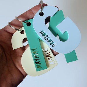 May include: Three keychains with different colored backgrounds and names written on them. The keychains are light blue, light green, and light yellow. The names on the keychains are "KATIE", "MAMMY", and "KAYSON".