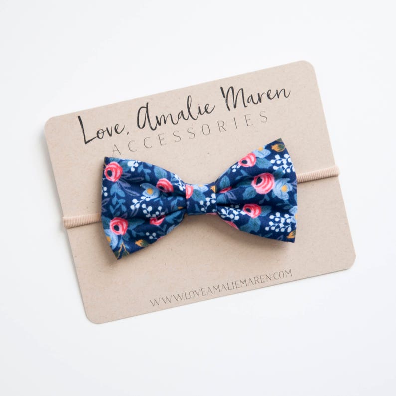 Fabric Bows Baby Girl Headband Toddler Hair Clip Floral Tuxedo Bow Nylon Elastic Headband Alligator Clip NAVY POSY Newborn Baby Bow