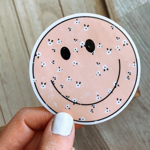 Sticker vinyle visage heureux mignon - Sticker bouteille d'eau - Sticker floral - Sticker ordinateur portable - Sticker personnalisé pour coque de téléphone, Sticker imperméable à l'eau