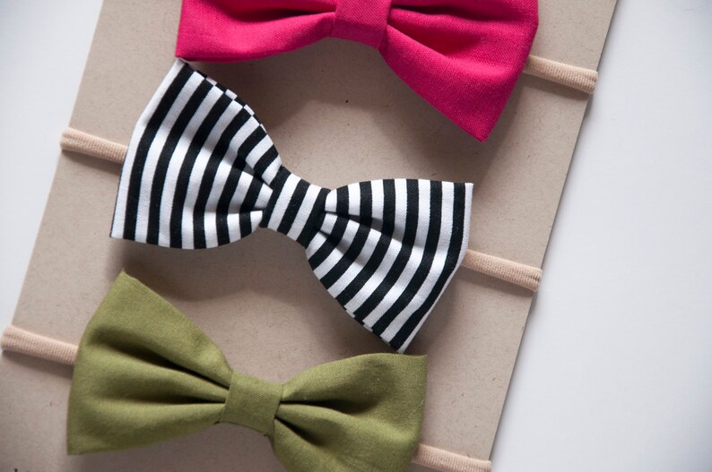 Pink Headbands Fabric Bow Headbands Black and White Stripe Baby Girl Headbands Set of Three Nylon Elastic or Alligator Clip