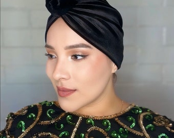 Black velvet turban, head wrap, turban woman, turban hat, chemo hat, cancer gift, head scarf, fashion turban, pre tied turban