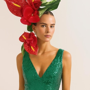 Monstera Palm fascinator, Röd tropisk fest, XL fascinator, Havanna natt, maxi-pannband, unikt huvudbonad