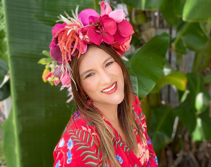 Mexican Flower Crown, Red Fascinator, Roses Crown, Orchid Headpiece