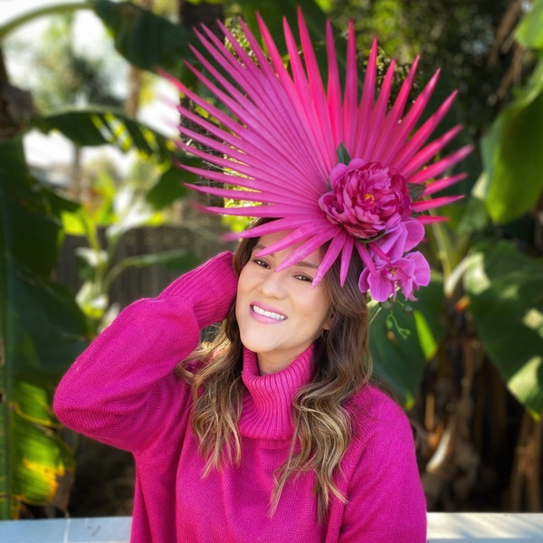 Palm fascinator, hot pink headpiece, orchid floral hat, real touch flowers, floral fascinator, race wear, ascot headpiece