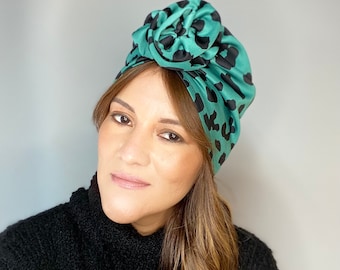 Turban, animal print turban, head wrap, turban woman, turban hat, chemo hat, cancer gift, head scarf, fashion turban, pre tied turban