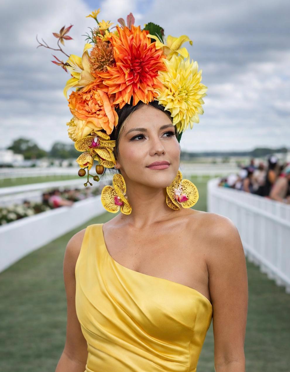 New Derby Hat Statement Yellow Orchid Fascinator Headband & Garden Party Ready Yellow Orchid Fascinator Headband – Handmade Mesh Bow  main image 2