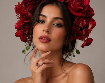 Red Roses Flower Crown-Fascinator-Purple Floral Headpiece for Races-Melbourne Cup Hat-Floral Fascinator- Wedding Guest- Spring Carnival