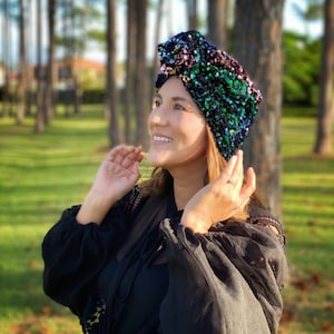 Sequin turban, turbante, turban headband, velvet turban, pre tied head scarf, cancer gift, cancer hat, chemo friendly.