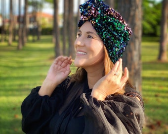 Sequin turban, turbante, turban headband, velvet turban, pre tied head scarf, cancer gift, cancer hat, chemo friendly.