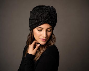 Turbante, pañuelo para la cabeza, turbante para mujer, sombrero turbante, turbante negro, gorro para quimioterapia, regalo para personas con cáncer, pañuelo para la cabeza, turbante de moda, turbante preatado