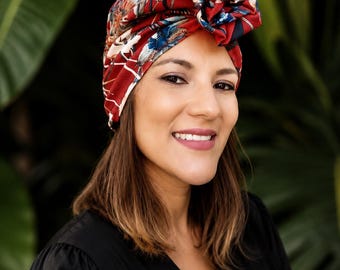 Floral print turban, red turban, chemo hat, cancer gift, pre tied turban, turbante, Caribbean style hat.