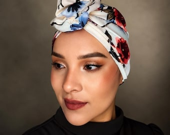 Floral turban, white turban woman, boho turban hat, scuba turban, chemo hat, cancer gift, head scarf, fashion turban