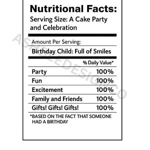 May include: A white rectangular sign with black text that reads "Nutritional Facts" and details about a cake party and celebration. The sign lists "Party," "Fun," "Excitement," "Family and Friends," and "Gifts! Gifts! Gifts!" with 100% daily value.