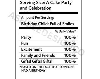 Party Favor Nutritional Label INSTANT DOWNLOAD