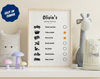 Toddler Bedtime Routine Chart, Editable Kids Checklist (PDF)
