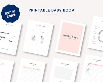 Afdrukbaar babymijlpaalboek. Geboorte tot 5 jaar. Volledig bewerkbaar in Canva. Gepersonaliseerde omslag. Minimaal. Direct PDF-download. Thuis afdrukken.