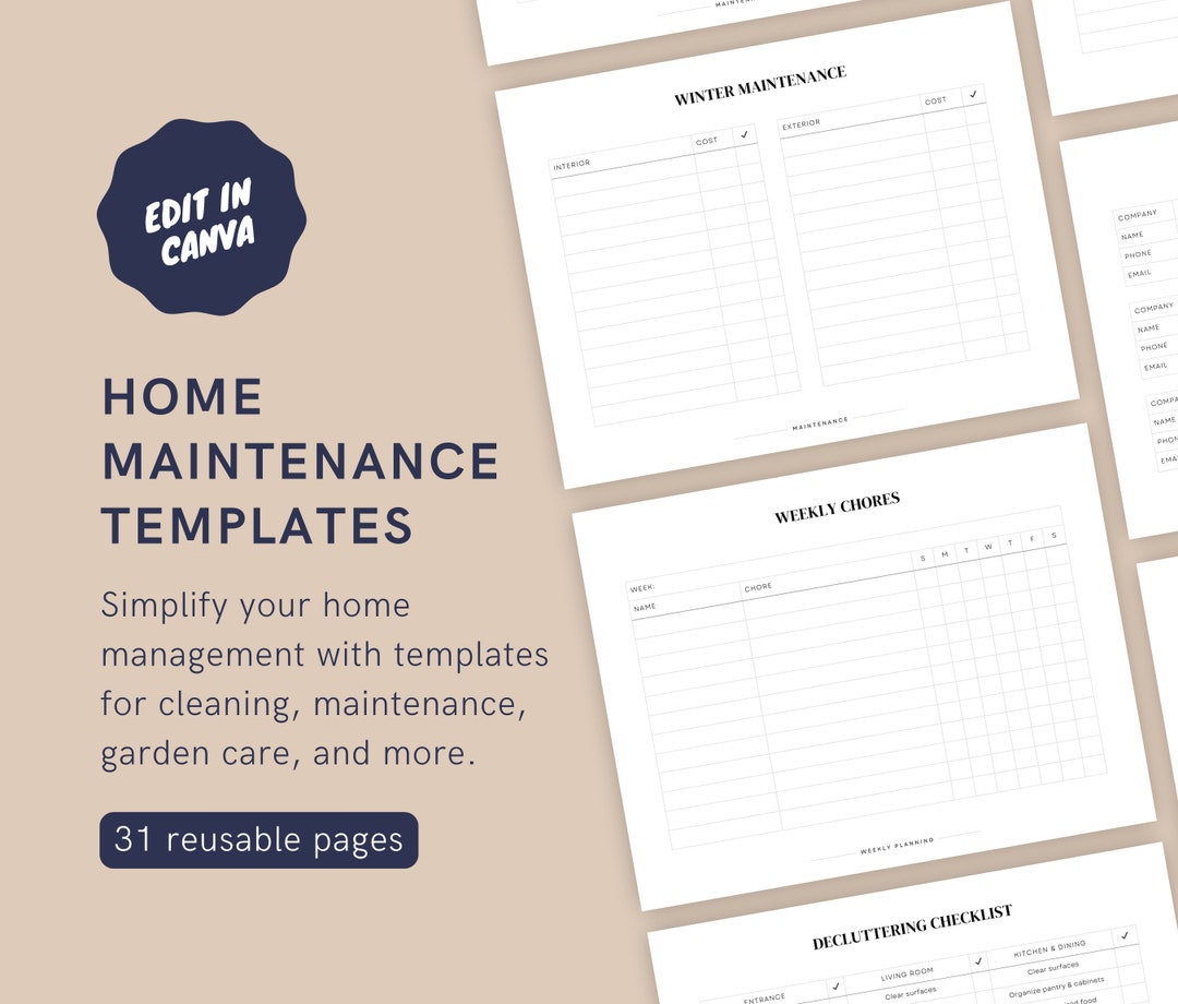 Digital Home Maintenance Templates. House Upkeep Templates for ...