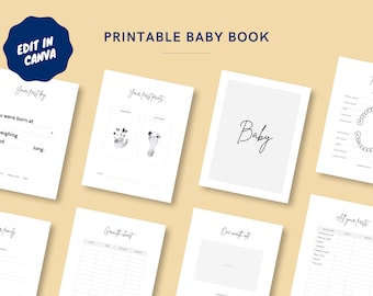 May include: Printable baby book pages with a white background and black text. The pages include sections for recording the baby's first day, first footprints, growth chart, one month old, and all their firsts.