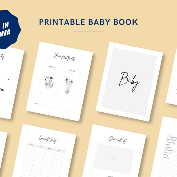 Printable Baby Milestone Book. Birth to 5 Years. Fully editable in Canva. Personalized cover. Minimal. Instant PDF Download. Print at home.