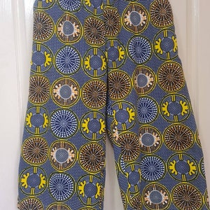 Funky Abstrakt Hell African Wax Print Blau Orange Gelb Cullottes 3/4 Lounge HOSEN - Weites Bein mit TASCHEN !! Größe MEDIUM 10 12 WasteKnot