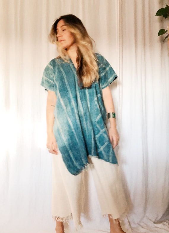 Handmade Vintage African Indigo Poncho Caftan