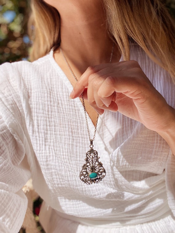 antique sterling + turquoise filigree Spanish pend