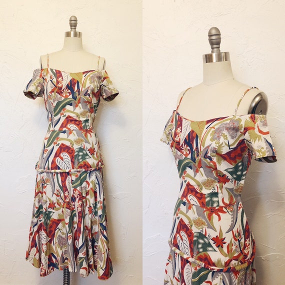 1930s Rare Vintage Cotton Barkcloth Handmade Dress