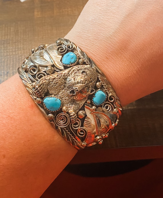 ブレスレット Mini Navajo Bear Bracelet #7965 Navajo Mini Bear Paw Link Bracelet Turquoise Stone Handmade