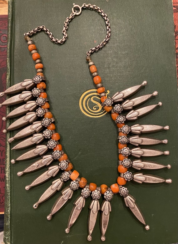 Antique Tribal Silver Coral Choker Necklace