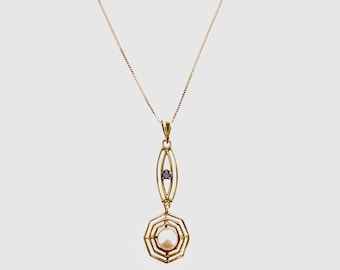 Antique Art Nouveau Sapphire Pearl Lavaliere 10k Yellow Gold