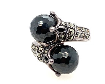 Vintage Deco Style Onyx & Mercasite Bypass Ring