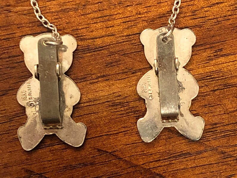 Vintage Sterling Silver Baby Teddy Bear Bib Clips