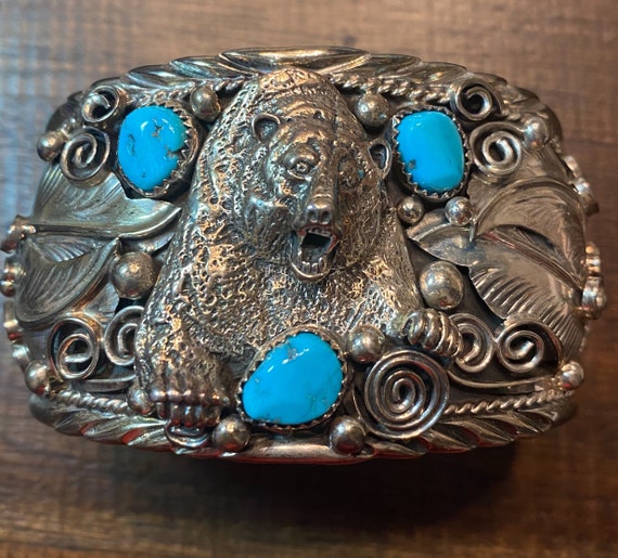 Intricate Vintage Native American Navajo Turquoise Paw Sterling Silver Bracelet Old Intricate Vintage Native American Navajo Turquoise Paw Sterling Silver Bracelet Old