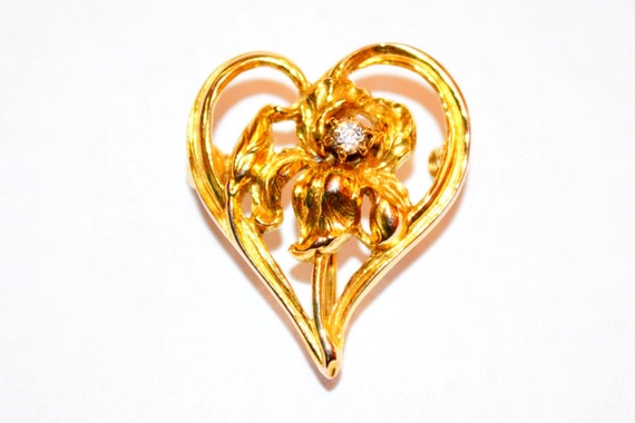 Gold Art Nouveau Iris Flower Heart Pin Brooch wit… - image 1