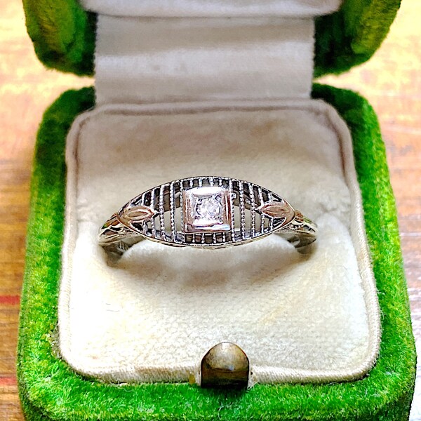 On hold for K     14K Art Deco Filigree Diamond Ring