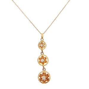 Yellow Gold Antique Triple Buttercup Diamond Lavaliere Pendant Necklace