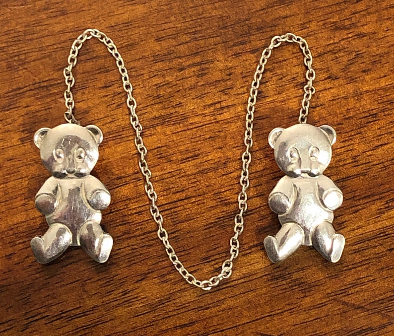 Vintage Sterling Silver Baby Teddy Bear Bib Clips