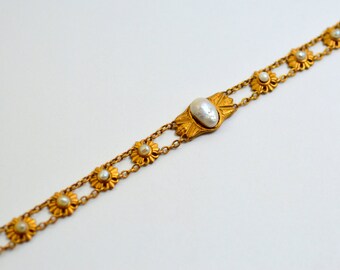 14K Egyptan Revival Bloomed Gold Carter Howe and Co. Art Nouveau Pearl Bracelet