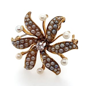 Antique Victorian 14k Gold Diamond & Seed Pearl Flower Pin
