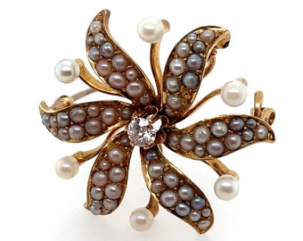 14k Gold Diamond & Seed Pearl Pin