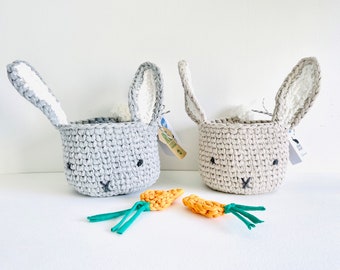 CUTE Recycled Yarn Easter Bunny Basket - Easter Egg Hunt Basket - Rabbit Storage basket - Easter basket - eco - hand crocheted WITH TAIL!